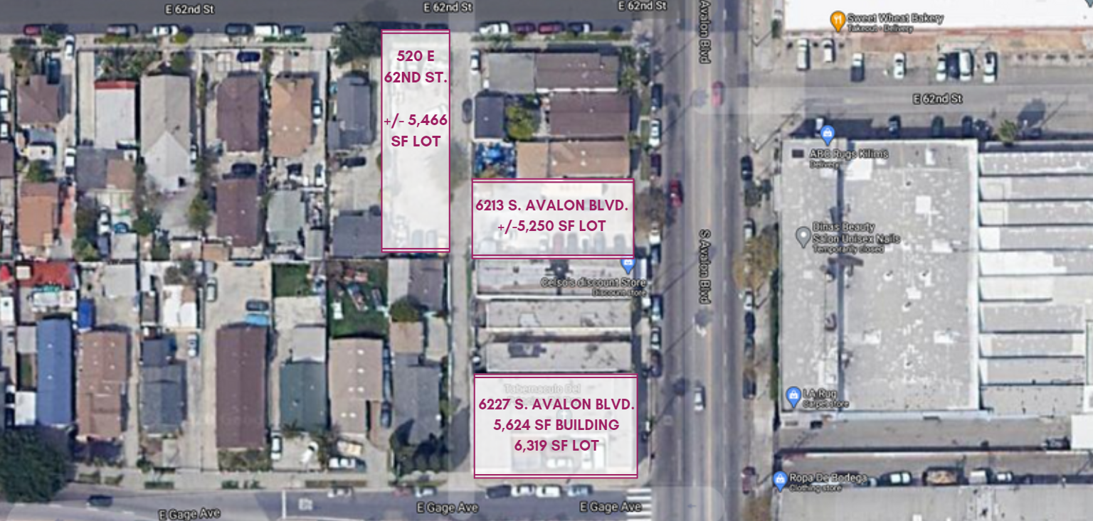 6227 S Avalon Blvd., 520 E 62nd St., 6213 S Avalon Blvd., Los Angeles, CA 90003 – South LA Three Parcel Assemblage Totaling 17,035 Sq. Ft.